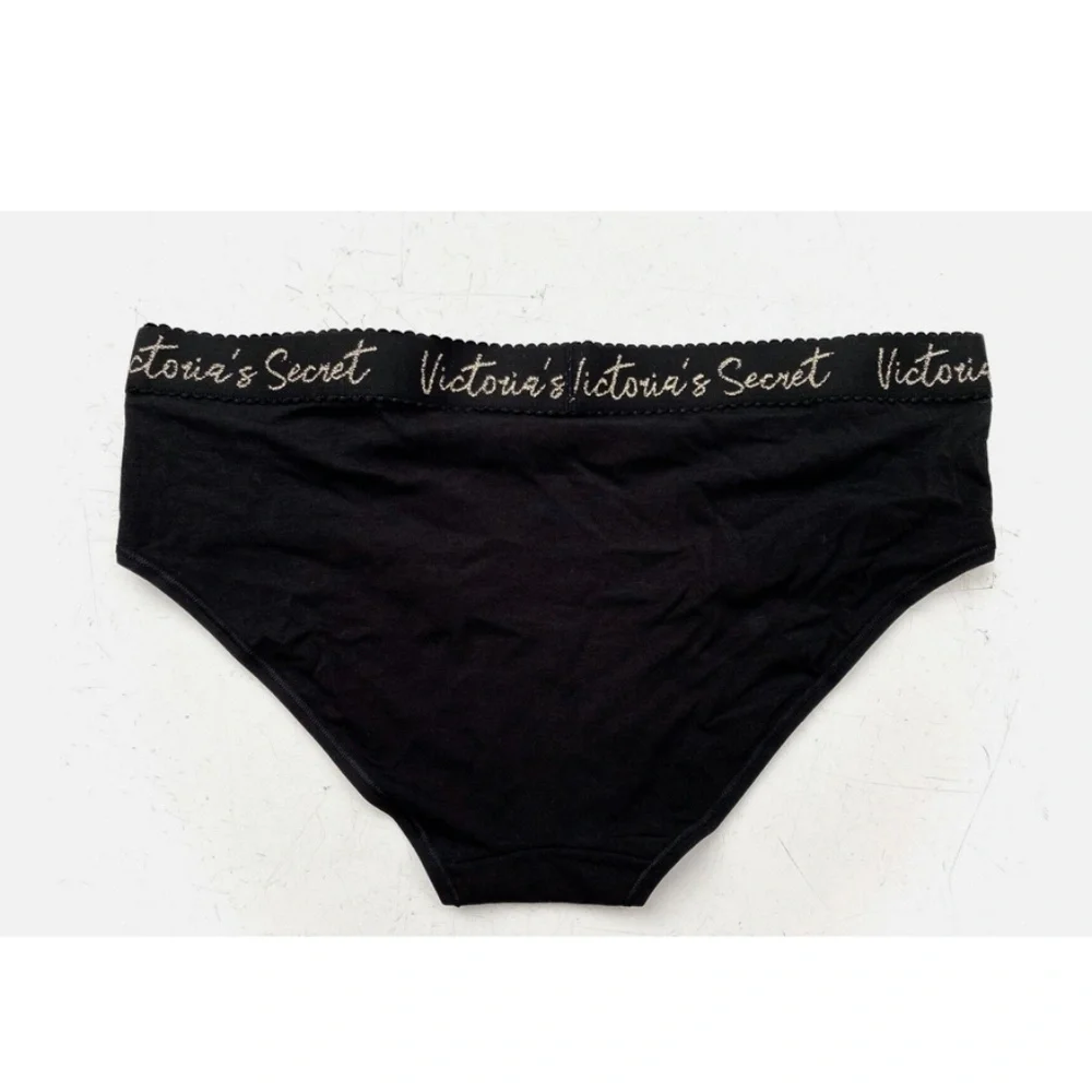 Victorias Secret Nwt Black w/ Gold Logo Band Cotton Blend Hiphugger Panty L